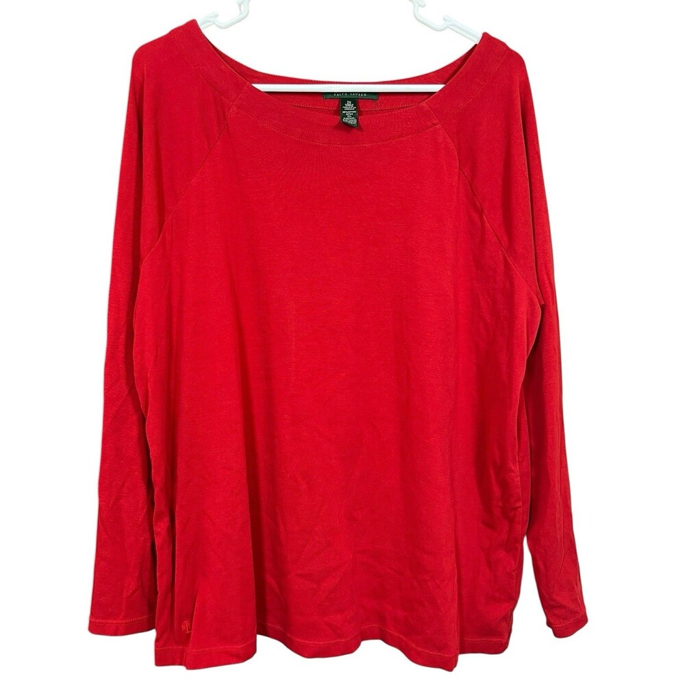 Lauren Ralph Lauren Red Long Sleeve Knit Top 2X Stretch Cotton Pullover Blouse